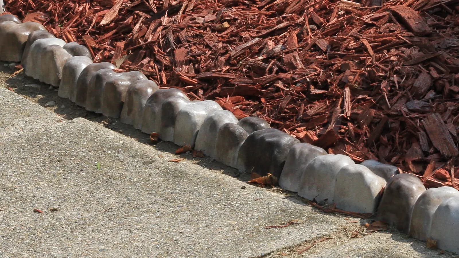 A scalloped stone border and fresh mulch meeting a cleanly cut concrete walk